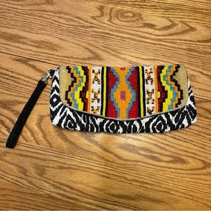 Aldo Beaded Geometric Tribal Print Wristlet Clutch